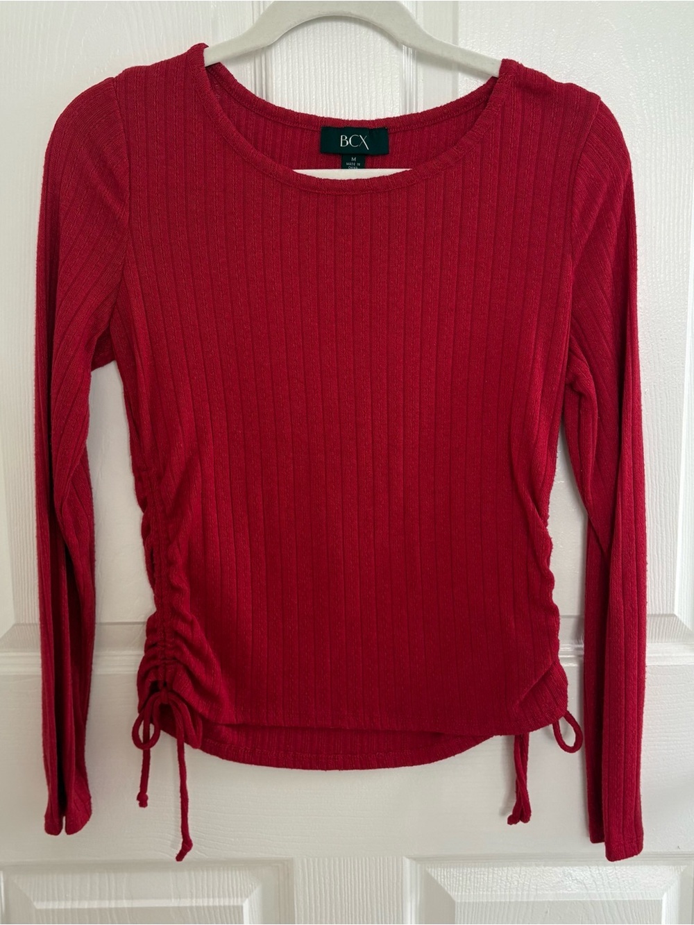 BCX Women's Deep Red Ribbed Long-Sleeve Top with Side Ruching - Picture 2 of 5